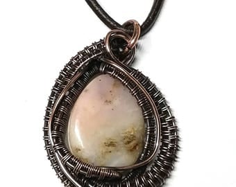 Aged wire woven copper unique handmade pendant with a Peruvian Opal stone bead