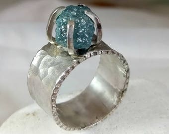 Raw diamond Ring, 5.5 Carat Rough Diamond Engagement Ring, Silver and large Blue diamond ring. diamond statement ring