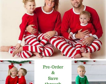 50+% off Sale for Pre-Order Monogram Christmas Pajamas, Kids & Adults, Christmas Day Pajamas, Red Stripes, Green Stripes, Red Plaid