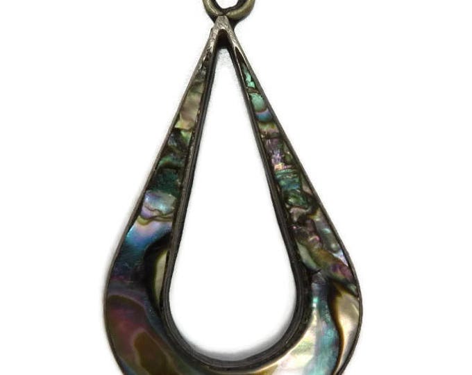 Vintage Mexico Abalone Pendant, Sterling Silver Teardrop Pendant, Shell Inlay Pendant