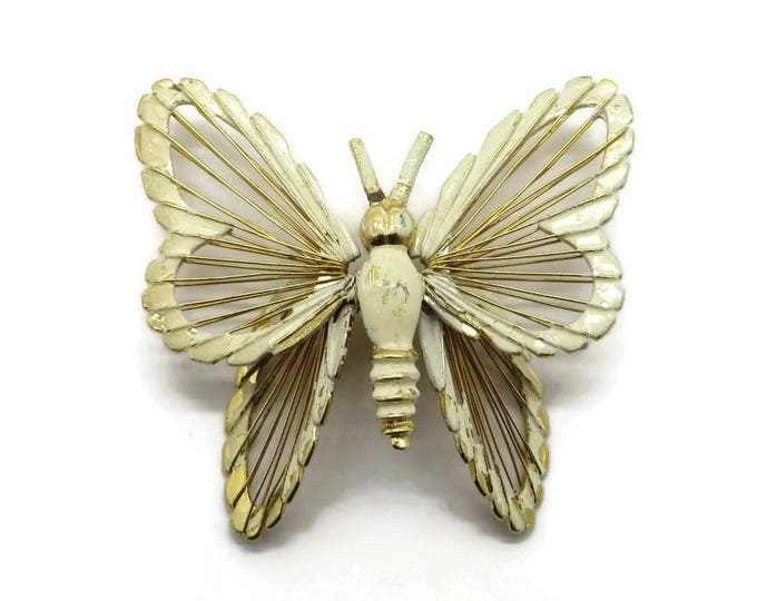 Vintage Cream Butterfly Brooch - Monet Cream Enamel Pin, Gold Tone 1960s, Insect Pin, Gift Box