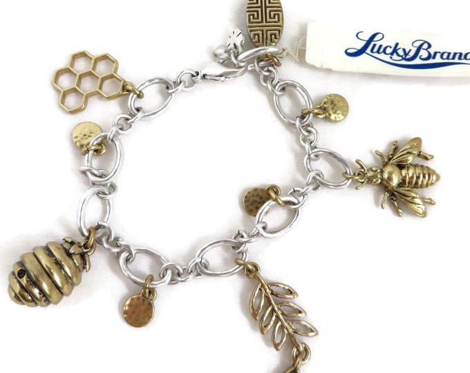 Charm Bracelet - Lucky Brand Bracelet, Bee, Honey, Hive, Honeycomb Charms Silver Tone Bracelet, Gift for Her, Gift Boxed