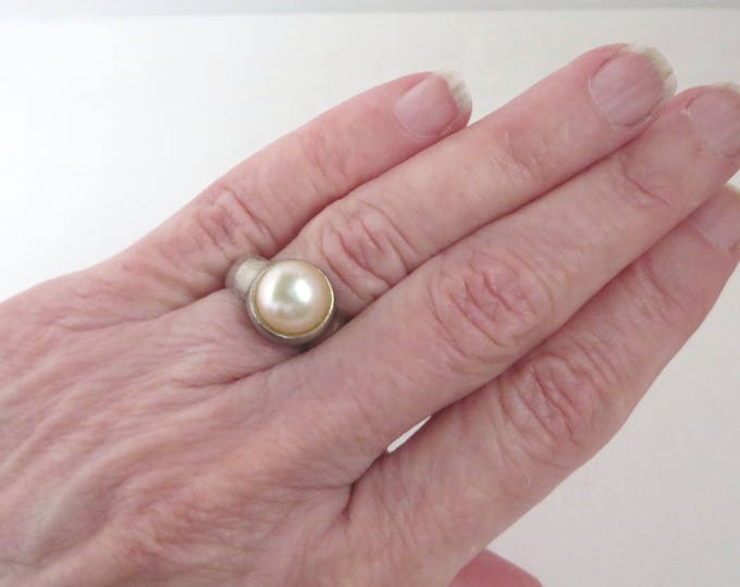 Vintage Pearl Ring, Sterling Silver Wide Band Antique Finish Estate Ring Size 6