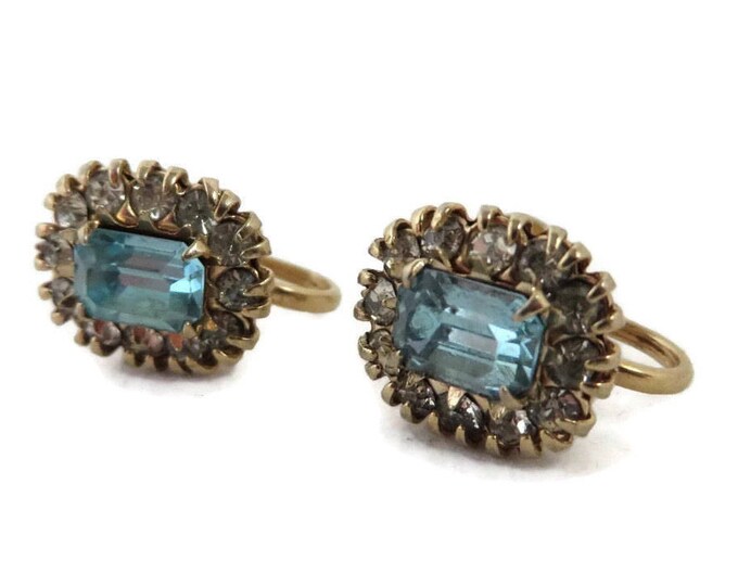 Vargas Rhinestone Earrings - Vintage Blue Rhinestone Screwback Earrings, Gift idea, Gift Box
