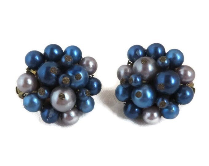 Vintage Japan Earrings, Blue and Gray Cluster Clip-on Earrings