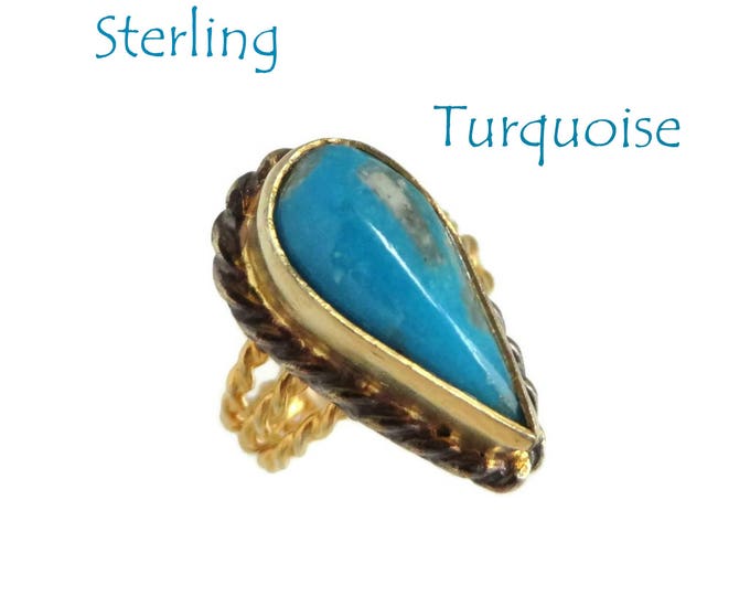 Turquoise Ring, Teardrop Ring, Vintage Gold Plated Sterling Silver Ring, Triple Band Ring, Birthday Gift for Her, Size 4.5