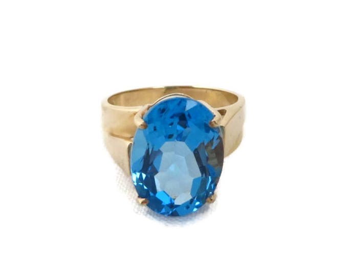 London Blue Topaz Ring - Vintage 10K Gold, 7 Ct Topaz Solitaire Ring, Vintage Cocktail Ring, Size 6