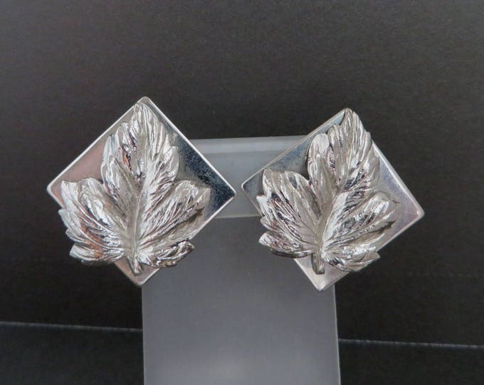 Leaf Earrings, Square Leaf Earrings, Signed LERU Silver Tone Earrings, Clip-on Earrings, Gift for Her