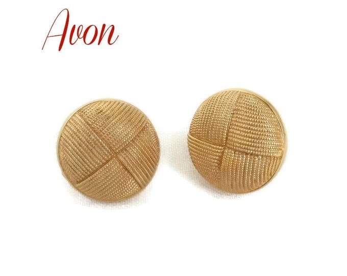 AVON Button Earrings, Vintage Basketweave Earrings, Gold Tone Tailored Clip-on Earrings, Gift for Her