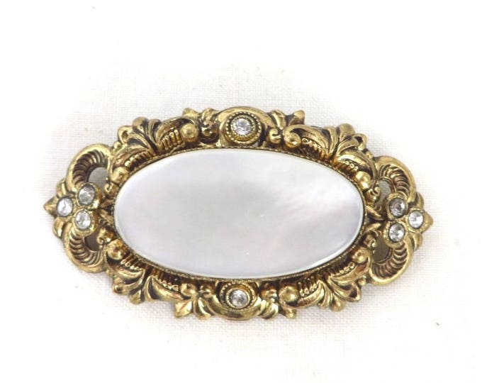 Vintage Moonstone Brooch - Victorian Rhinestone Gold Tone Pin, Valentine's Day Gift, Gift Boxed