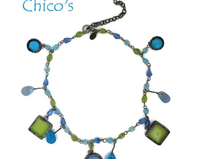 CHICO's Necklace - Vintage Boho Necklace, Green, Blue Glass Beaded Necklace, Gift for Her