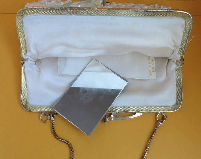 Vintage White Beaded Purse - Faux Pearls & Sequins, British Hong Kong Chain Handled Evening Bag, Disco Handbag, Gift for Her