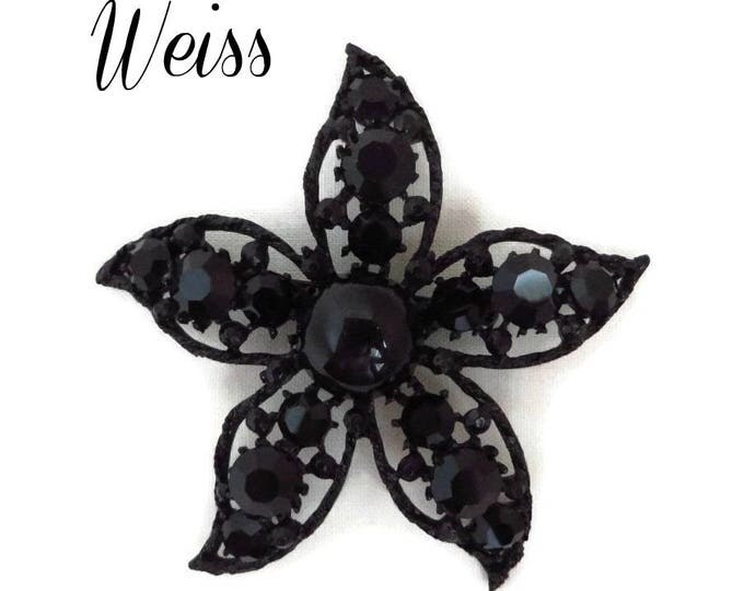 Weiss Mourning Brooch - Jet Black Glass, Rhinestone Flower Pin, Signed Designer Brooch