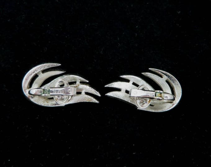Crown Trifari Earrings | Vintage Silver Tone Leaf Clip-on Earrings | Classic Designer Signed Jewelry