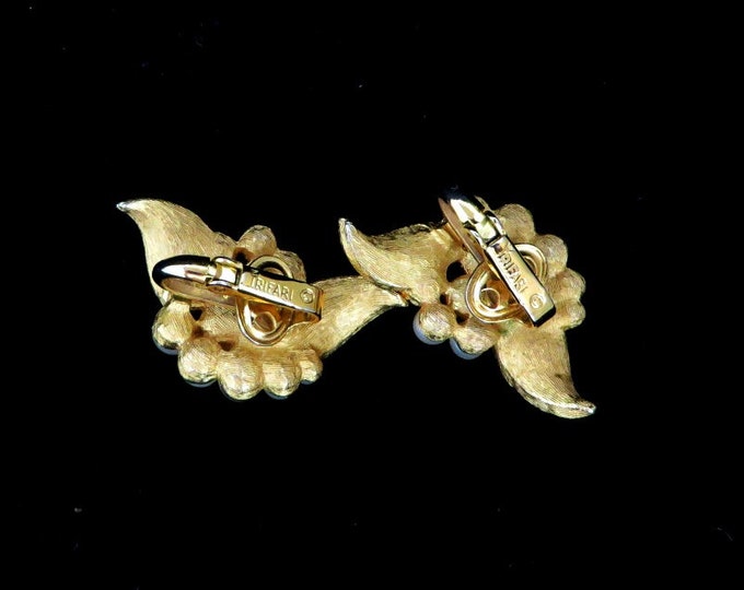 Signed Trifari Earrings, Faux Pearl, Vintage Matte Gold Leaf Cluster Clip on Earrings, Crown Trifari Jewelry, Night Out Jewellery