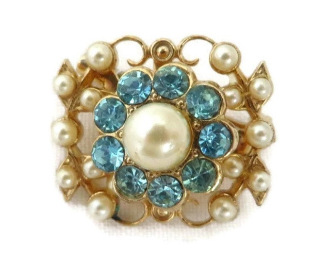 Coro Brooch, Faux Pearl Rhinestone Pin, 1950s Vintage Jewellery, Dainty Blue Rhinestone Pin, Signed Coro Jewelry, Gift for Her