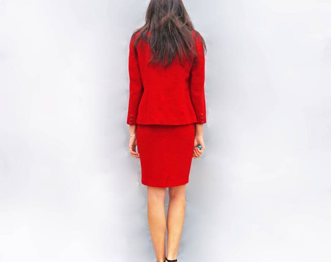Red Skirt Suit, Louis Feraud Suit, Skirt Suit, Red Suit, Vintage Skirt Suit, Wool Skirt Set, Red Jacket, Pencil Skirt, 1980s Skirt Suit, Red