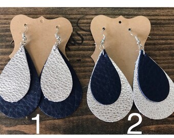 Navy and Silver teardrop layered leather earrings, game day earrings, leather earrings