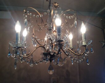 Vintage Large Crystal Chandelier French Gilt 6 Arm Crystal Prisms and Strands 1940s