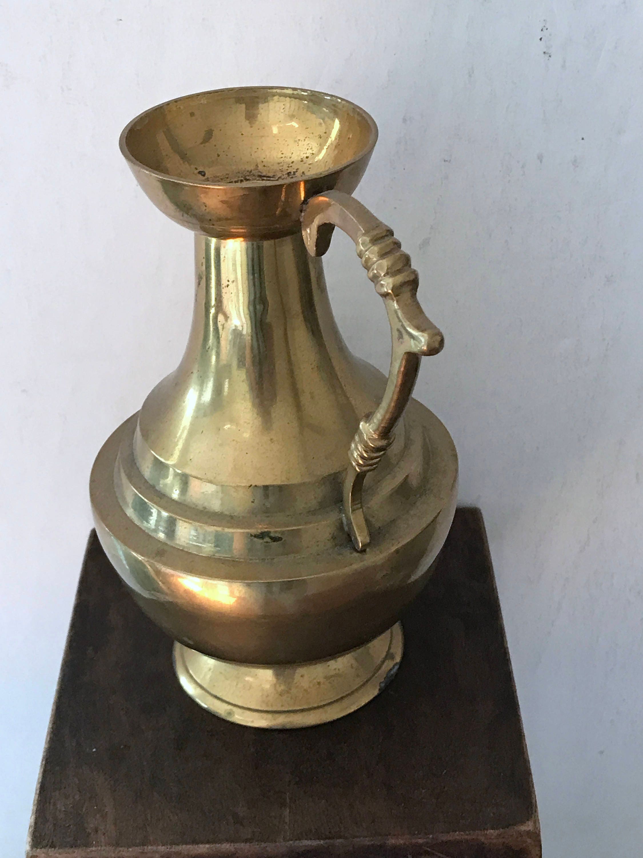 Vintage Brass Urn vase with Handle Large Sculpted Style.