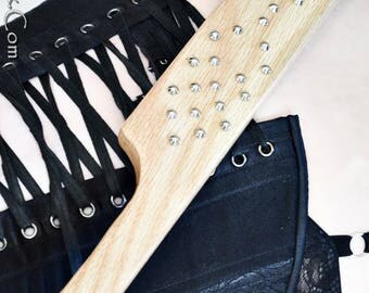 Heavy Red Oak spiked purse sized paddle - Thick and Weighty - BDSM Spanking Paddle
