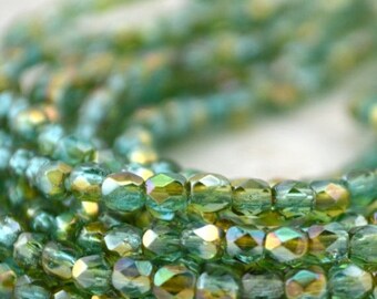 Summer Sale AQUAMARINE CELSIAN Czech Glass Round Beads 3mm, Transparent Aqua, Faceted Round Qty 50, Firepolished Small