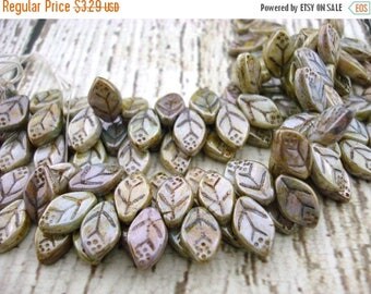 Summer Sale LUSTER OPAQUE GREEN Czech Leaves, Czech Glass Leaf Beads Qty 25 12 mm X 7 mm, Light Green Leaves Top Drilled 12mm Leaf Beads