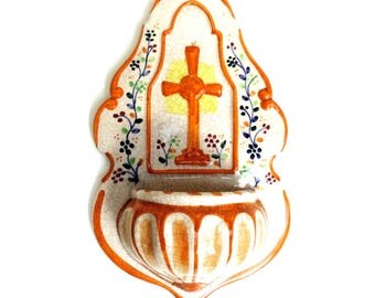 French Vintage Holy Water Font/ Vintage Benitier/Vintage Font/Vintage Stoup/Vintage Holy Water Font With Cross/Hand Painted Religious Font