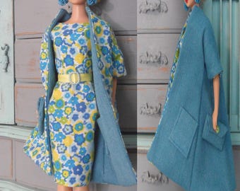 Reversible Blue Barbie Clothes Handmade Barbie Dress Set w Reversible Coat and Hat, Unique 2 Way Barbie Outfit w Envelope Bag & Jewelry