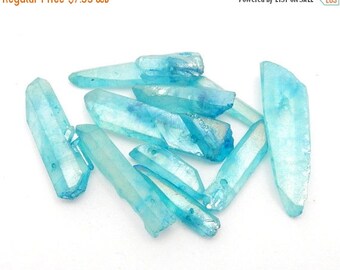 15% off Christmas in July Aqua Aura Blue Quartz Crystal Quartz Point Top Side Drilled Bead - Bulk of 10 - (RK37B1b-01)
