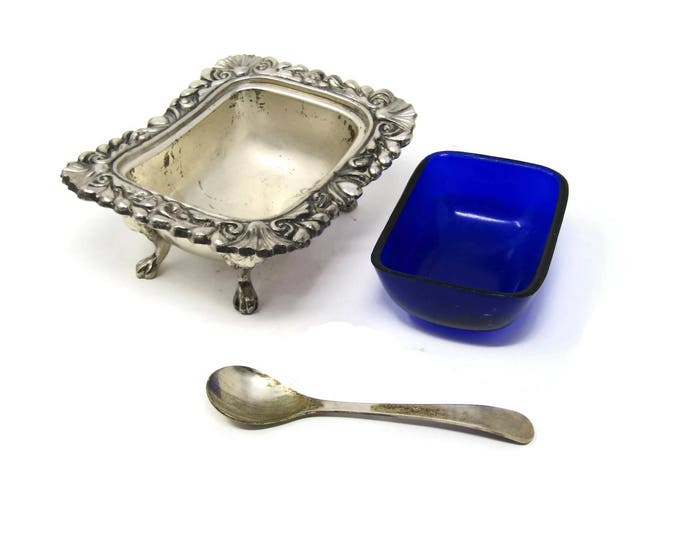 Vintage Silver Plate and Cobalt Glass Salt Cellar with Spoon - Raimond Silversmiths - Silverplate Open Master Salt - Vintage Home Decor