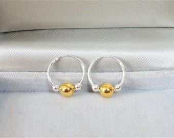 15mm Sterling Silver Sleeper Hoop Earrings with Gold & Silver Beads.