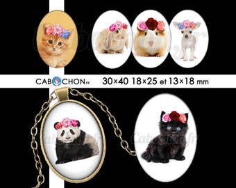 Animaux Bohèmes • 45 Images Digitales OVALES 30x40 18x25 13x18 mm lapin chat panda chien Chihuahua gipsy boho fleurs wild chaton couronne
