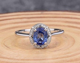 Sapphire Ring - Oval 6X8MM Sapphire Ring with Diamonds in Solid 14K White Gold