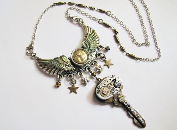 Steampunk Winged Moon & Treasure Key Necklace, Steampunk Necklace, Steampunk Moon, Moon and Stars, Steampunk Key Necklace CPN25 by RavensSecretStash steampunk buy now online