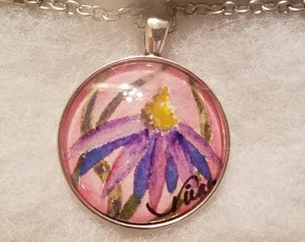 Purple Coneflower Miniature Original Watercolor Painting Under Crystal Cabochon Silver Necklace