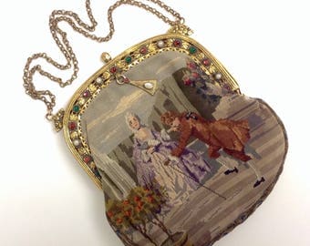 Micro Petit Point Handbag, Alexander and Oviatt Los Angeles, French Tapestry Jewel Purse, Embroidery Needlework Evening Bag, Courting Couple