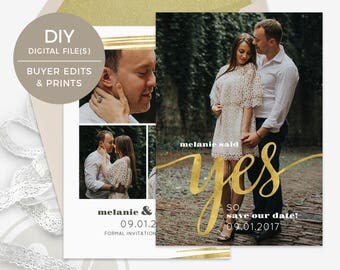 Gold Save the Date Template - Instant Download, Save the Date Card, She Said Yes, Wedding Announcement, Photoshop Template for Photographers
