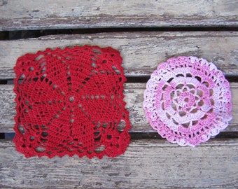 2 Small Vintage Crochet Doilies - Pink and Red - Hand Made - Craft