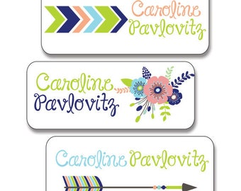 30 Waterproof Dishwasher Safe Name Labels for School, Daycare, Camp. Tribal Theme for Girls, Mint, Navy, Peach