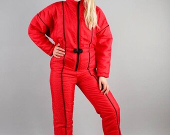 SUMMER SALE 90' 80s Retro Ski Suit Salmon Red Snowsuit Ski Suit All in One Suit Hipster Snow Suit Outdoor Wear Snow Gear Jumpsuit Snowboard