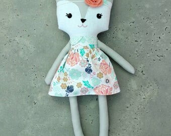 Fabric doll, Fox doll, floral outfit Plush doll, Gray Fox Doll, stuffed doll