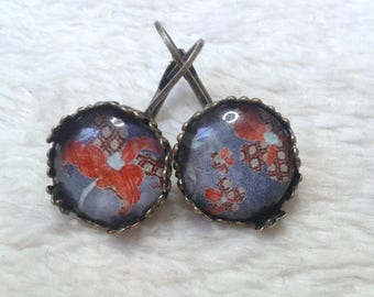 Earrings lace flower woven blue & Brown