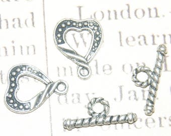 3 13x16mm silver plated heart toggle clasps