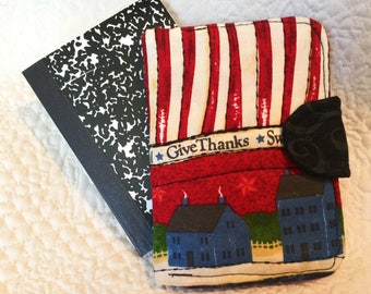 Patriotic quilted mini composition book cover, purse sized notebook, Stylish reusable mini notebook cover with snap closure, Patriotic #3