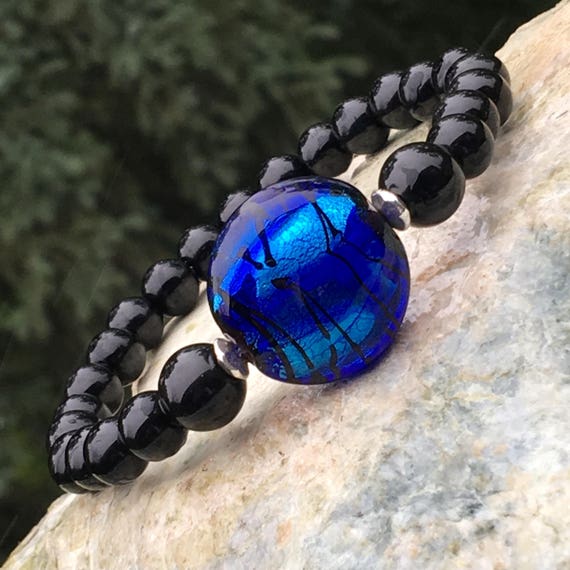 Blue and black bracelet glass bead bracelet men's