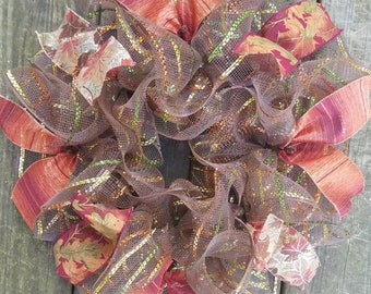 Fall Wreath, Autumn Wreath, Leaf Wreath, Deco Mesh Wreath, Mesh Wreath, Ribbon Wreath, Rustic Wreath, Seasons Wreath, 16" Fall Wreath