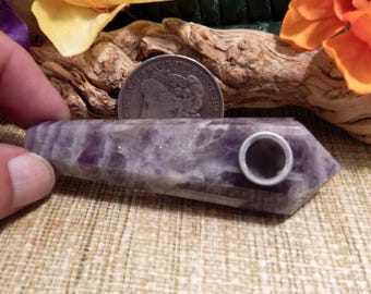 3 7/8" Chevron Amethyst Smoking Pipe Supplies Gemstone Pipe Healing Stone Necklace Reiki wicca Metaphysical Occult altar