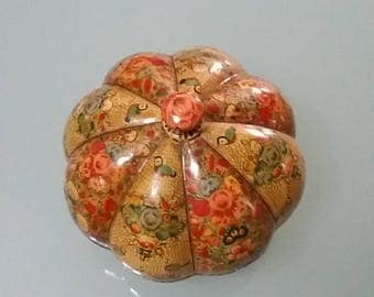 Vintage papier mache container, pumpkin, handmade, painted from India