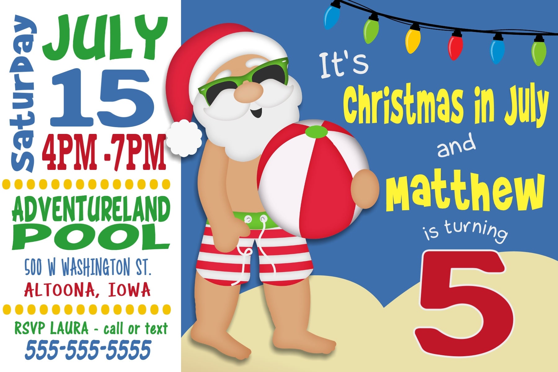 Santa Christmas In July Pool Party Birthday Invitation Digital